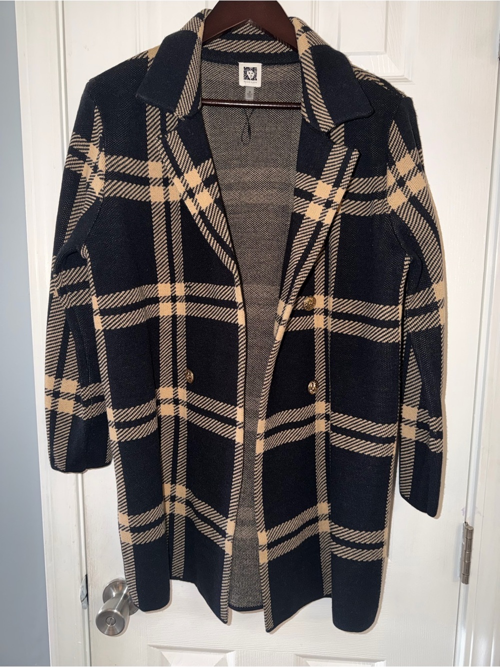 Anne Klein Black and Beige Plaid Double-Breasted Pea Coat